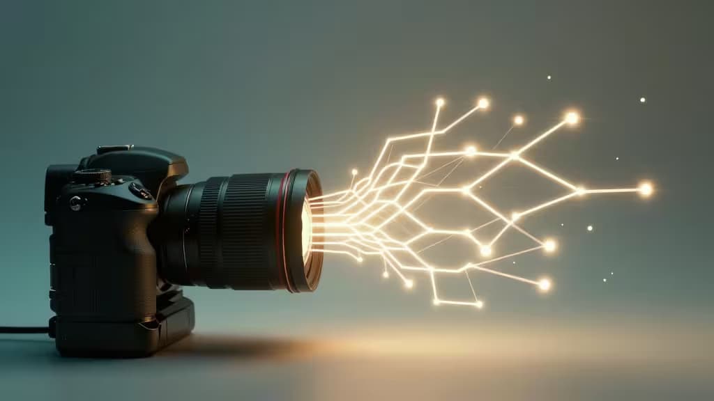 Czarny aparat DSLR projektuje świecące linie sieci neuronowej z obiektywu na miękkim tle gradientowym.