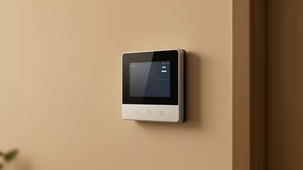 Een strakke witte slimme thermostaat met een zwart touchscreen is gemonteerd op een beige muur.