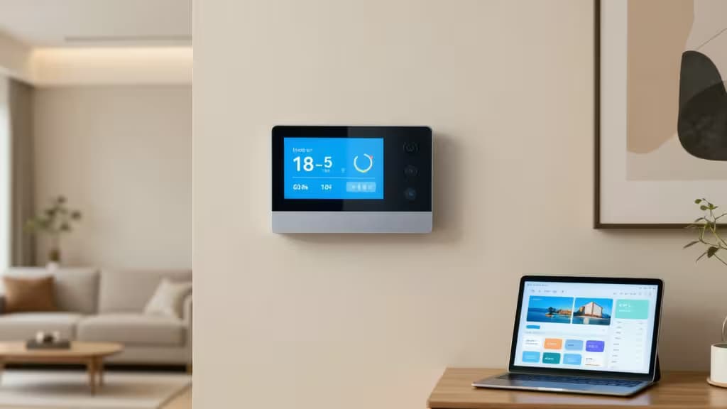 Un thermostat intelligent blanc posé sur un mur beige, avec un ordinateur portable affichant des applications de gestion énergétique à proximité.