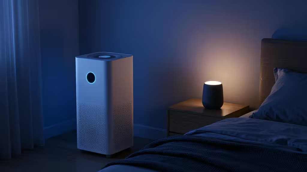 Un purificateur d'air blanc et une enceinte connectée lumineuse reposent près d'un lit dans une chambre faiblement éclairée.