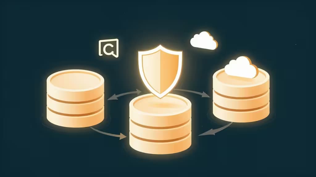 Glowing database cylinders with shield and cloud icons illustrate secure MySQL backup solutions.