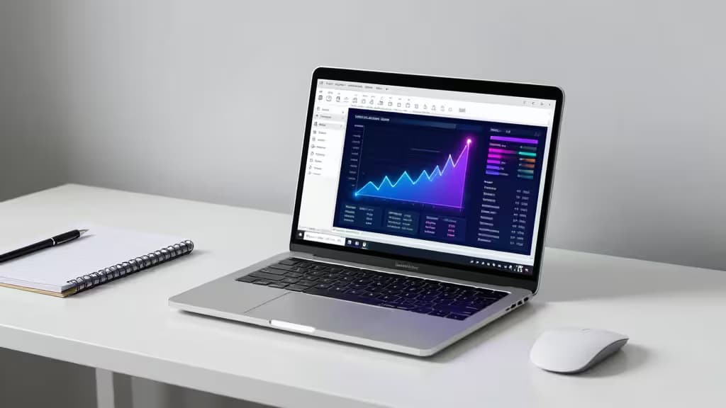 Um laptop elegante exibe um dashboard do Excel com gráficos vibrantes e elementos de IA, sobre uma mesa branca minimalista com caderno e mouse.