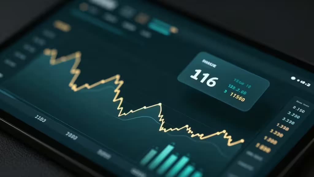 Dashboard finanziaria astratta con grafici a linee, barre e carte di saldo che fluttuano su una superficie scura con accenti teal e oro