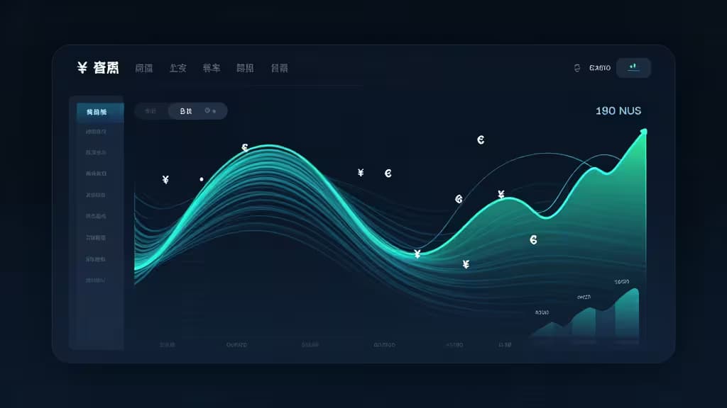 Tableau de bord fintech avec des graphiques financiers et des symboles de devises affichant des tendances haussières sur un fond sombre.