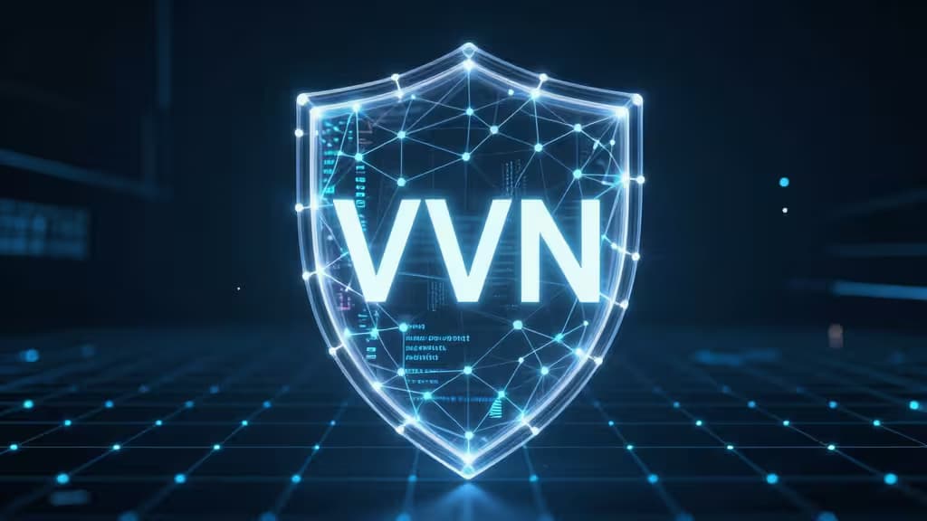 Glowing blue shield with 'VNN' text, network nodes, and digital grid background.