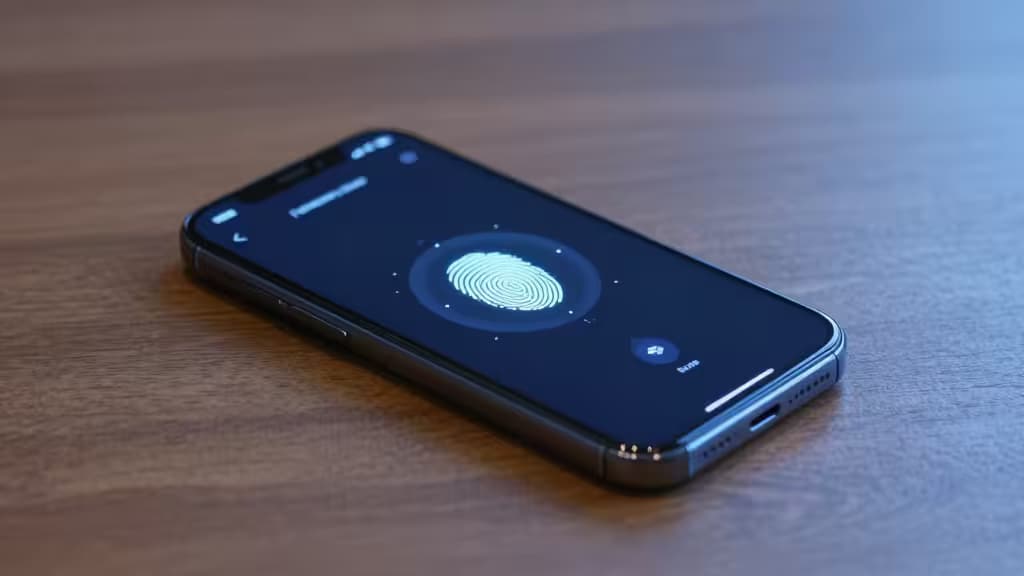 A smartphone on wood displays a glowing fingerprint icon for biometric unlock.