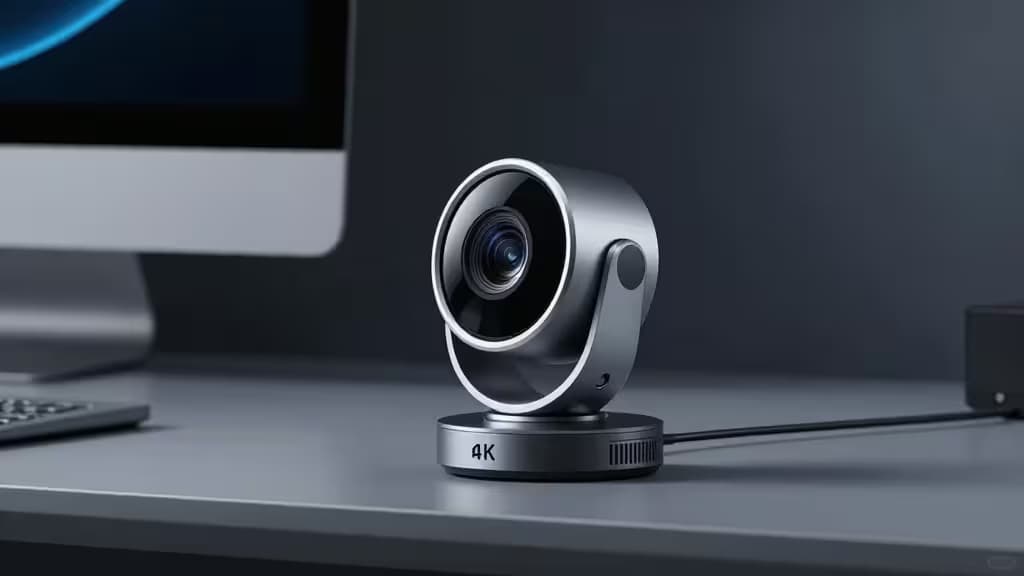 Elegancka srebrna kamera 4K z regulowaną soczewką na nowoczesnym biurku obok monitora komputerowego.