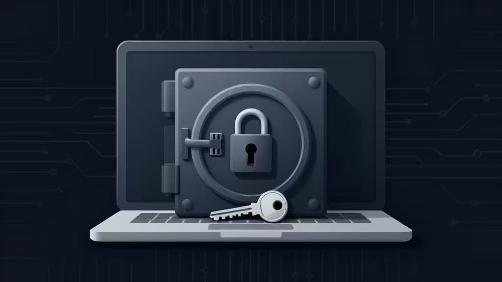 Um portátil exibe um cofre seguro com cadeado e chave, simbolizando a segurança de gestores de senhas offline-first.