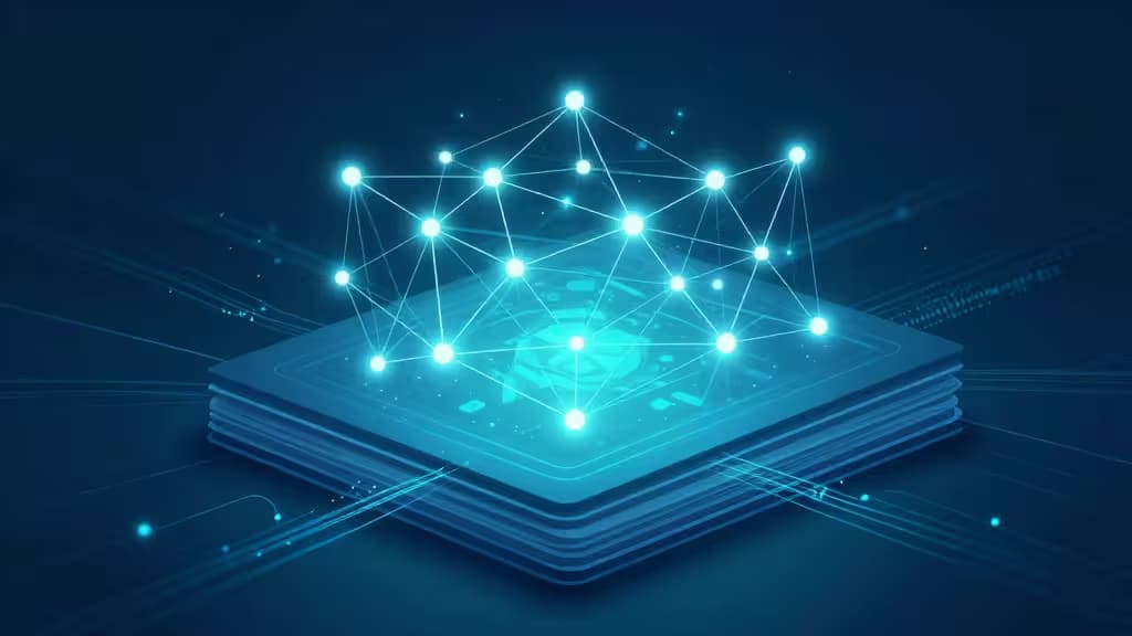 Glowing neural network nodes connect over stacked document layers, symbolizing AI-driven knowledge retrieval.