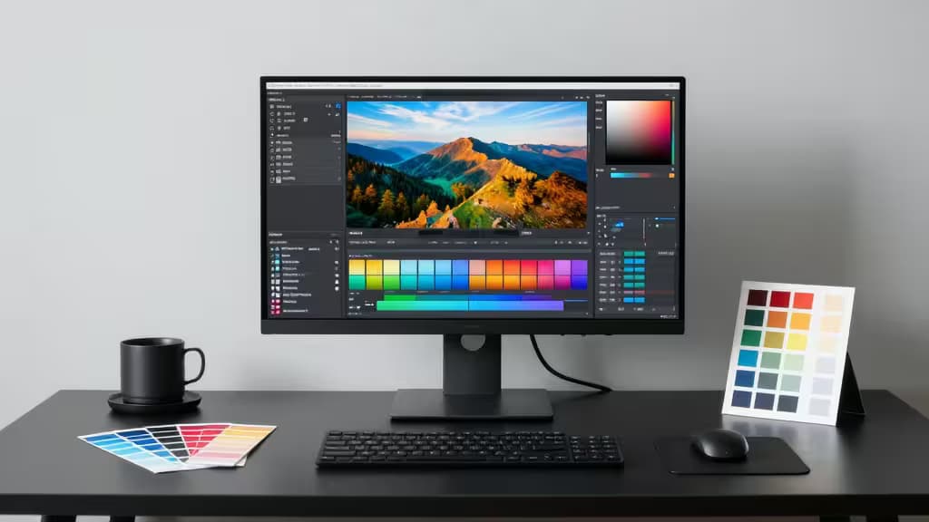 Estação de edição de foto profissional com monitor calibrado exibindo paisagem vibrante e cartão de calibração de cor sobre mesa escura minimalista com iluminação suave de estúdio