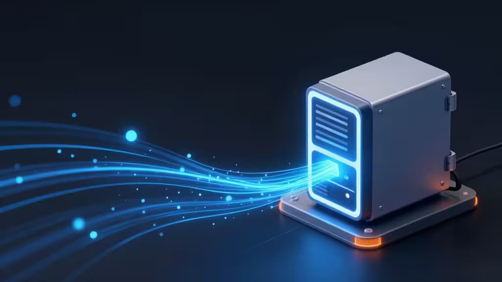 Sleek server box emits blue data streams, symbolizing efficient, affordable MySQL backups for startups.