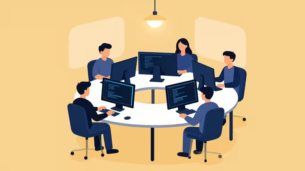 Cinco developers sentados a uma mesa branca, a escrever código em monitores sob uma luz pendente.