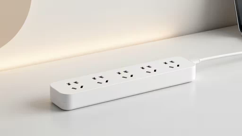 Weiße Smart Power Strip mit Überspannungsschutz und USB-Ports auf sauberem Schreibtisch, redaktionelle Produktfotografie für Smart-Home-Review.