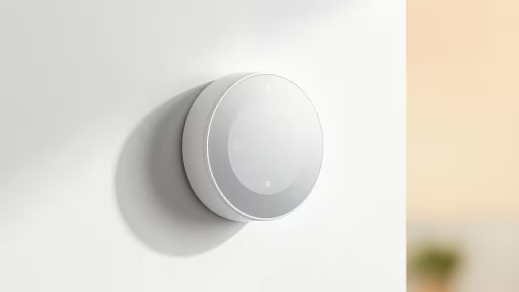 A minimalist round smart thermostat with a mirror finish mounted on a clean white wall, softly lit in an editorial product photography style.