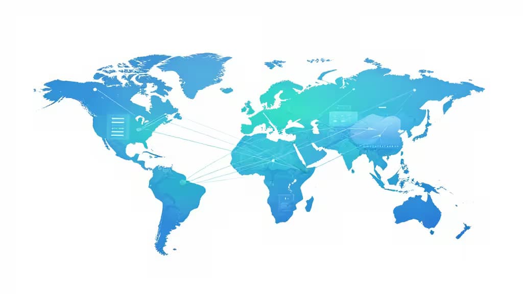 Niebieska mapa świata z połączonymi węzłami i nakładkami dashboardów wizualizującymi globalne monitorowanie edge.