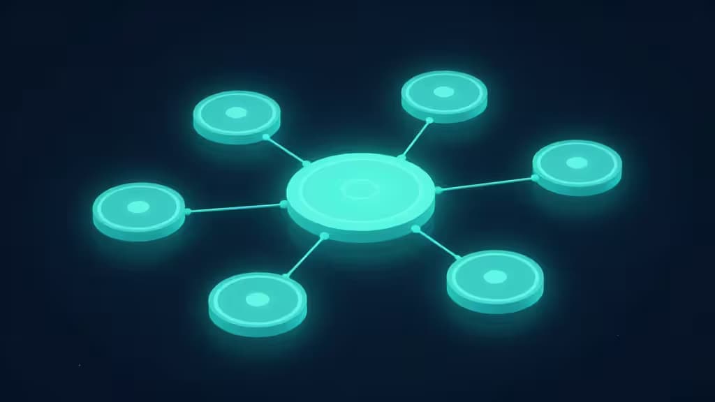Nœuds lumineux de couleur teal reliés par des lignes, symbolisant les outils d'API Gateway pour microservices.