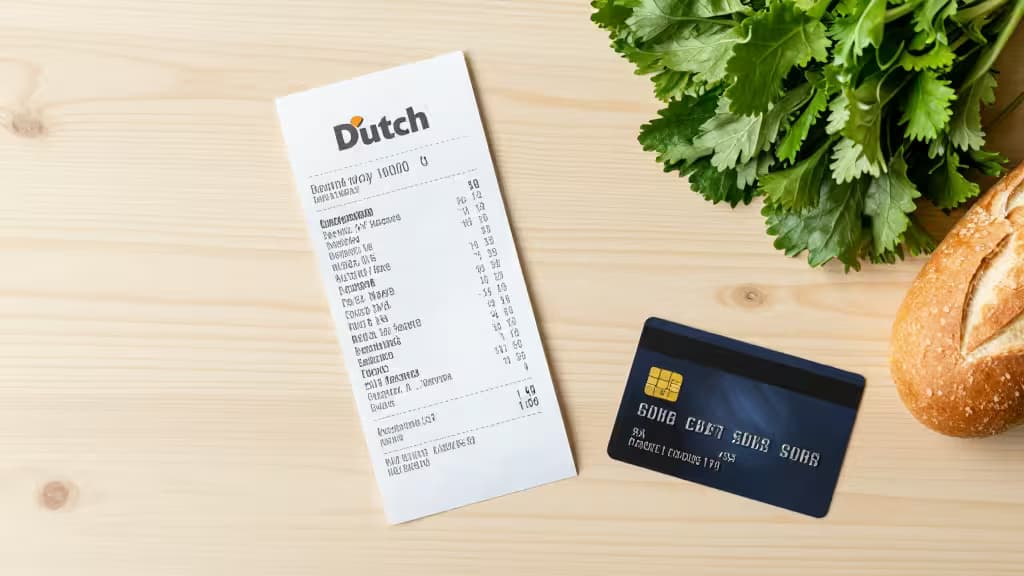 Flat-lay of Dutch receipt, credit card, fresh parsley, and bread on wood surface.