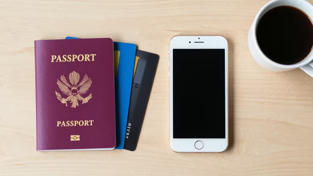 A burgundy passport, blue credit card, and white smartphone rest on a light wood desk beside coffee.