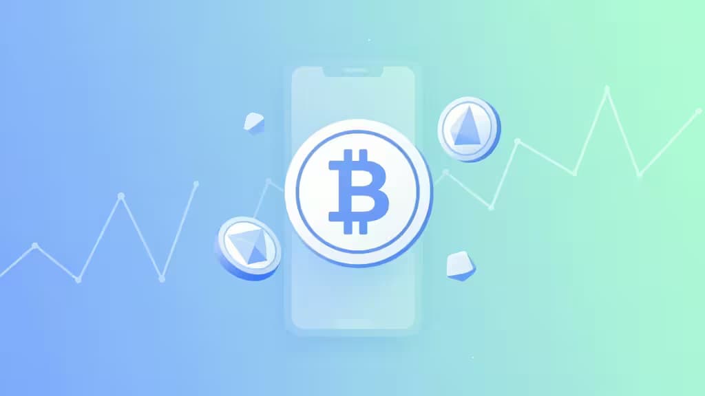 Composizione astratta con monete geometriche fluttuanti e grafici minimalisti su sfondo a gradiente blu-verde, rappresentante il trading di criptovalute per principianti