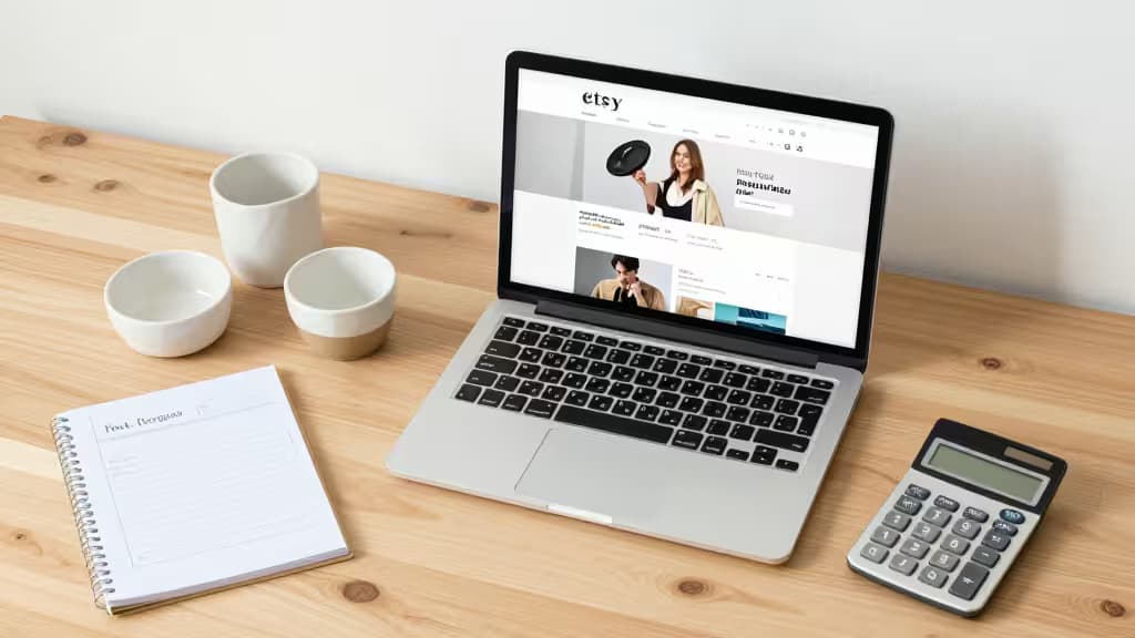 Laptop mit Etsy-Startseite auf einem Holztisch, daneben Notizbuch, Taschenrechner und Keramiktassen.