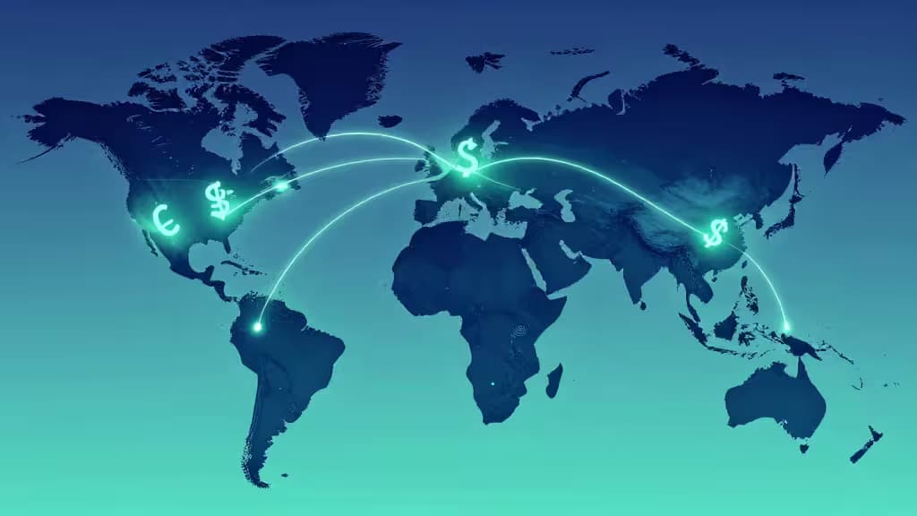 Glowing currency symbols connect continents via luminous arcs across a dark blue world map.