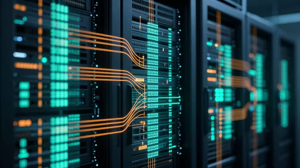 Glowing teal server racks with orange data streams visualize real-time ClickHouse analytics infrastructure.