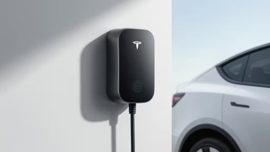 Una Tesla Wall Connector nera montata su una parete bianca, con un'auto elettrica bianca parzialmente visibile