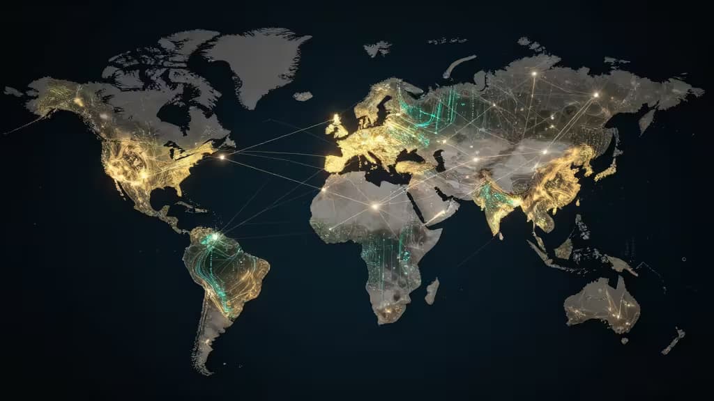 Glowing digital network connects global continents, symbolizing international crypto exchange accessibility beyond US borders.