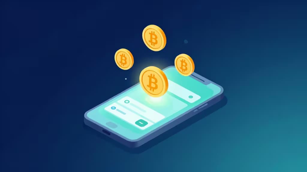 Gold Bitcoin coins float above a glowing smartphone screen against a deep blue gradient background.