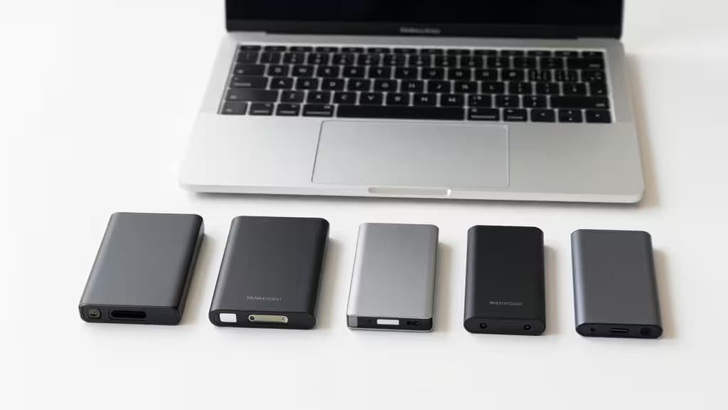 Five portable SSDs in black and silver sit before a MacBook, showcasing compact storage options.