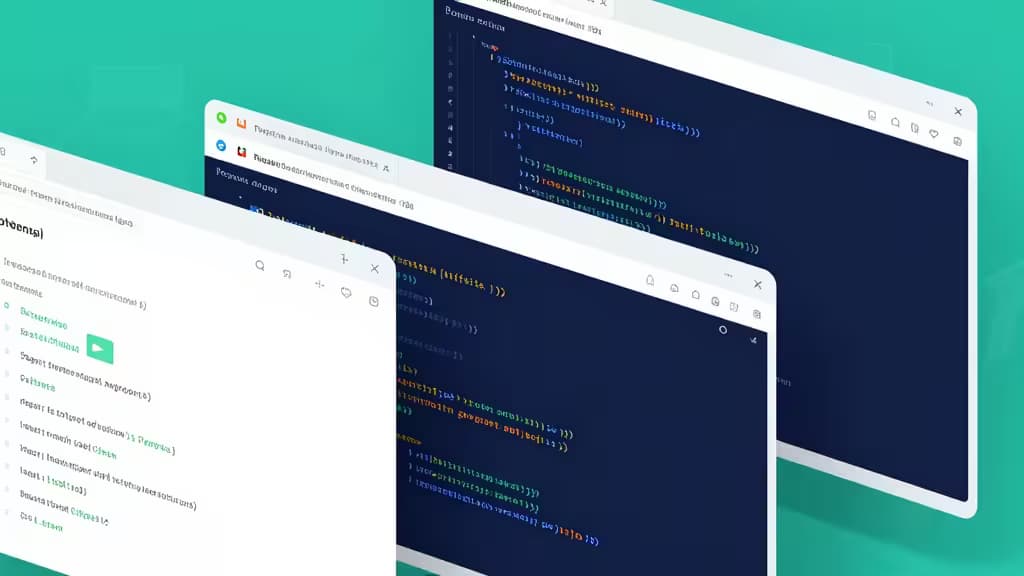 Stacked browser windows display code and testing interfaces against a teal background.