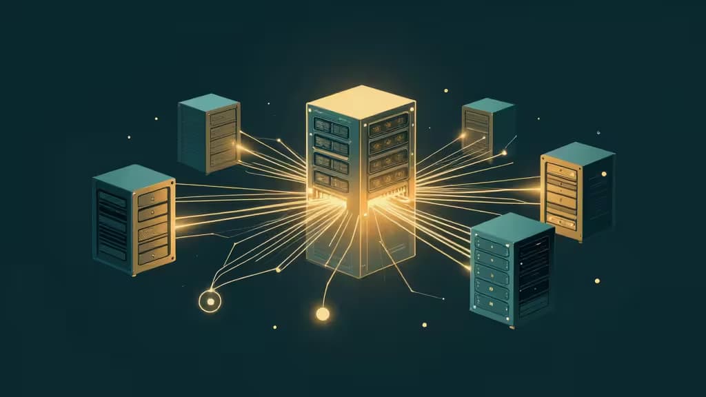 Glowing server racks radiate golden neural network lines across a dark teal void, symbolizing AI agent hosting infrastructure for developers.