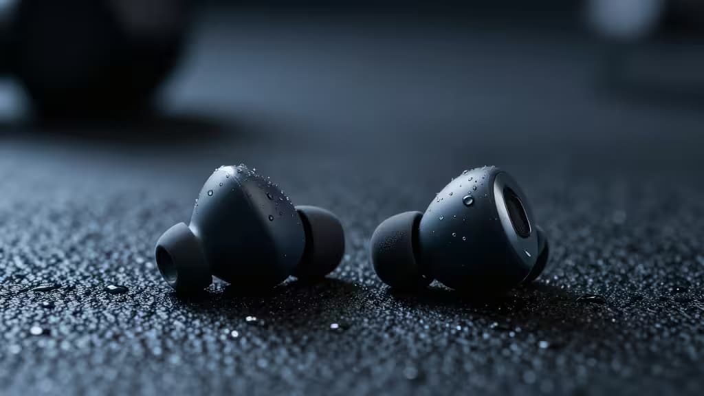 Zwarte draadloze sportoortjes met oorhaakjes liggen op een getextureerde gymvloer, met zweetdruppels die de duurzaamheid voor intensieve workouts benadrukken.