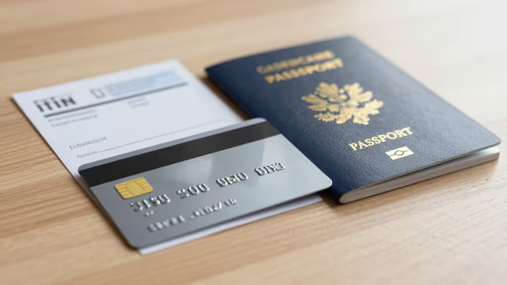 A silver credit card rests atop an ITIN document and a dark blue passport on a wooden surface.