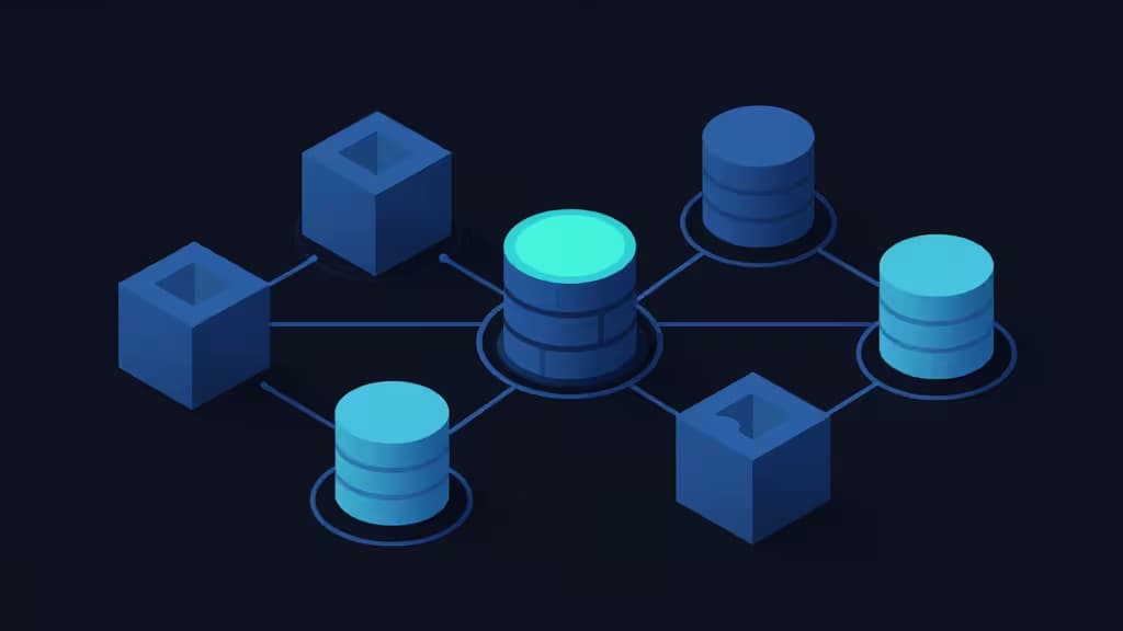 Абстрактная иллюстрация типобезопасной разработки API на TypeScript: геометрические блоки кода и узлы базы данных в сине-бирюзовых тонах на тёмном фоне