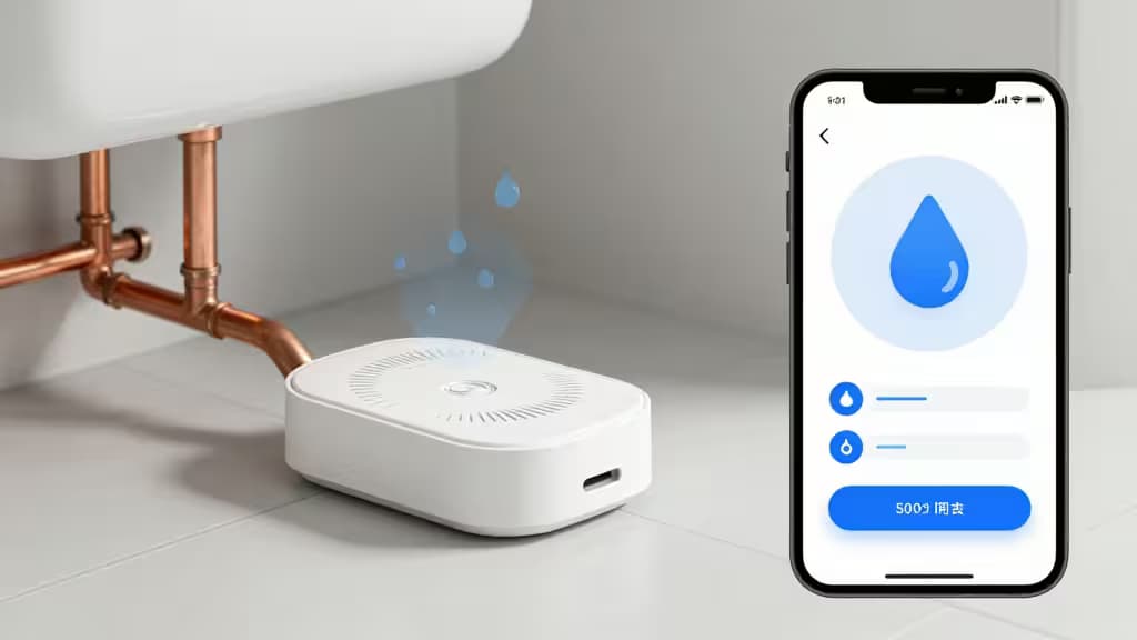 Weißer Kunststoffsensor neben Kupferrohren, der blaue Wassertropfen in Richtung eines Smartphones mit Wasserwarnung aussendet.