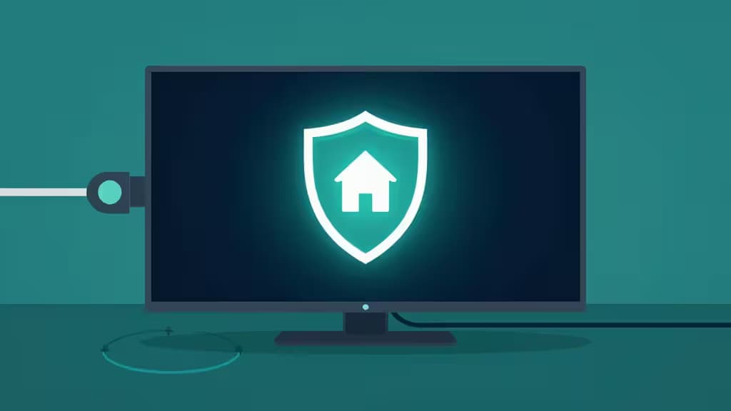 A glowing shield icon with a house symbol appears on a dark TV screen, connected by a cable to represent secure home network protection.