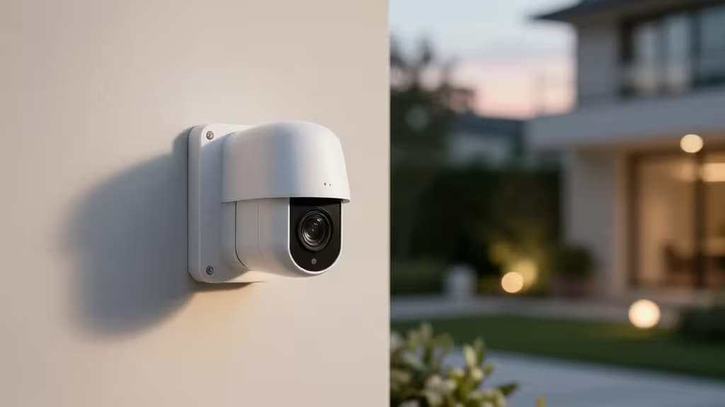 White minimalist security camera mounted on beige wall, dusk-lit modern home blurred in background.