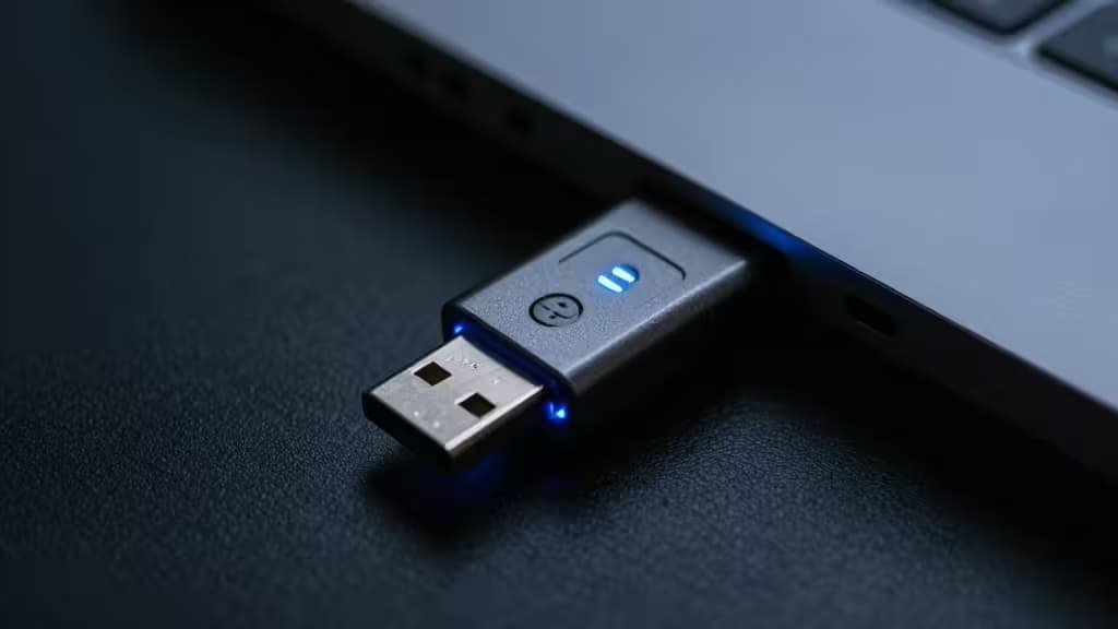 Une clé de sécurité matérielle à lueur bleue se branche dans un ordinateur portable, symbolisant une authentification à deux facteurs robuste contre les attaques par SIM swap.