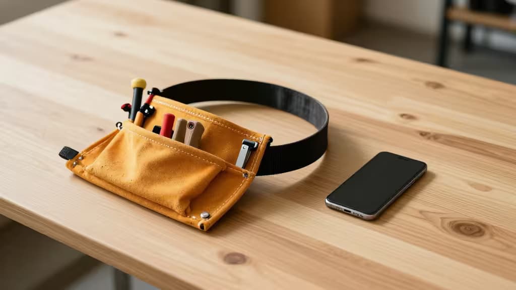 Een gele leren gereedschapsriem met handgereedschap ligt naast een zwarte smartphone op een lichte houten werkbank.