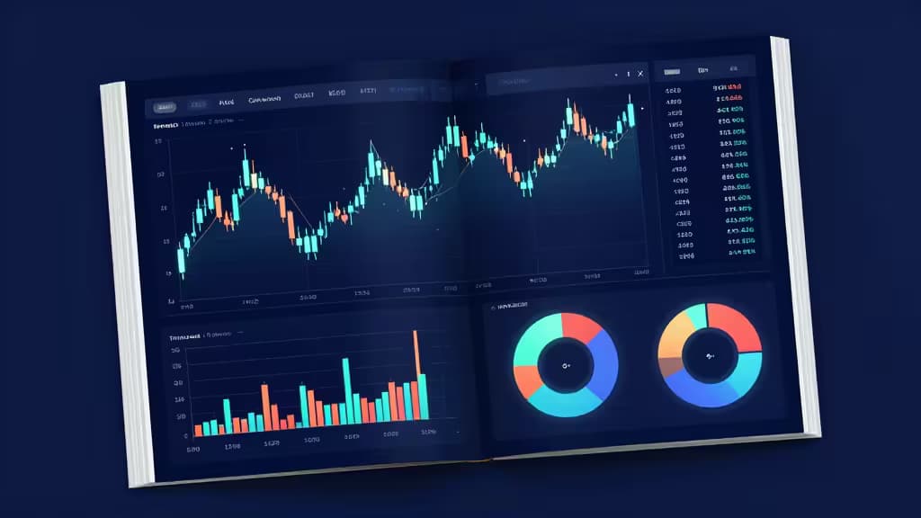 A sleek, open book displays vibrant crypto charts and pie graphs on its glowing pages.