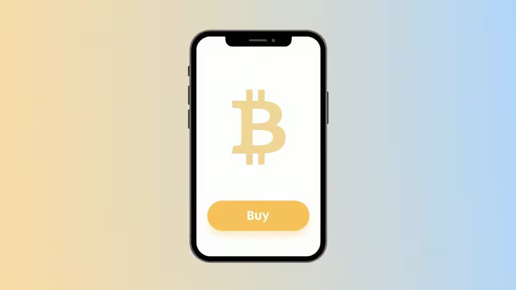 Abstract illustration of a senior-friendly cryptocurrency experience with a clean smartphone interface, warm golden and soft blue tones, and a minimalist buy button with a subtle Bitcoin symbol.