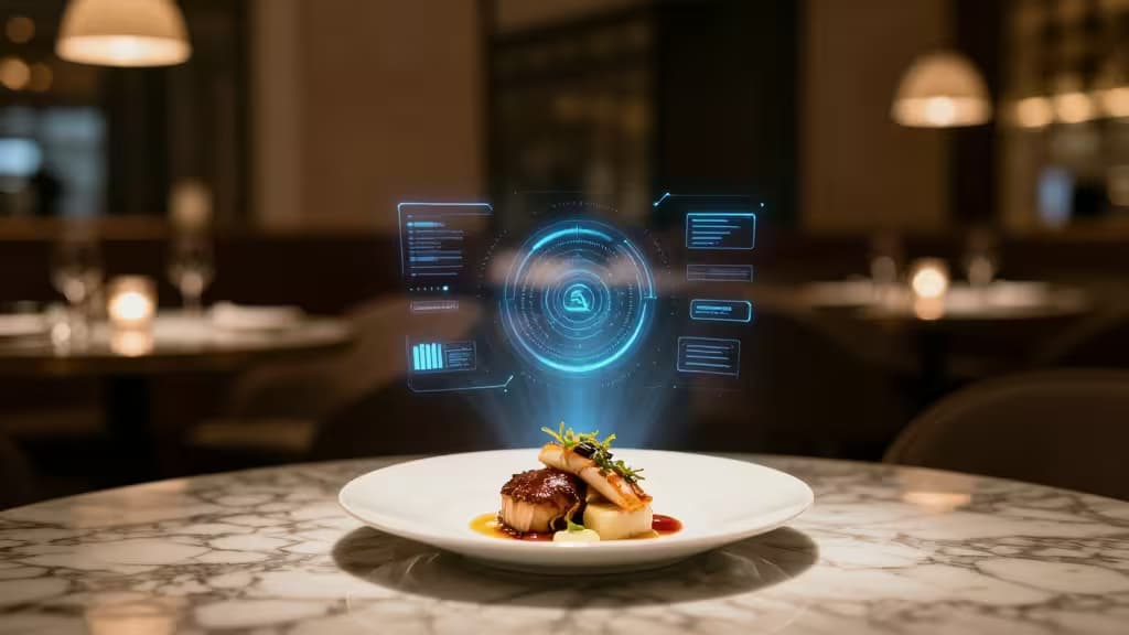 Un hologramme bleu émerge d'un plat gastronomique sur table en marbre, symbolisant l'IA dans la restauration.