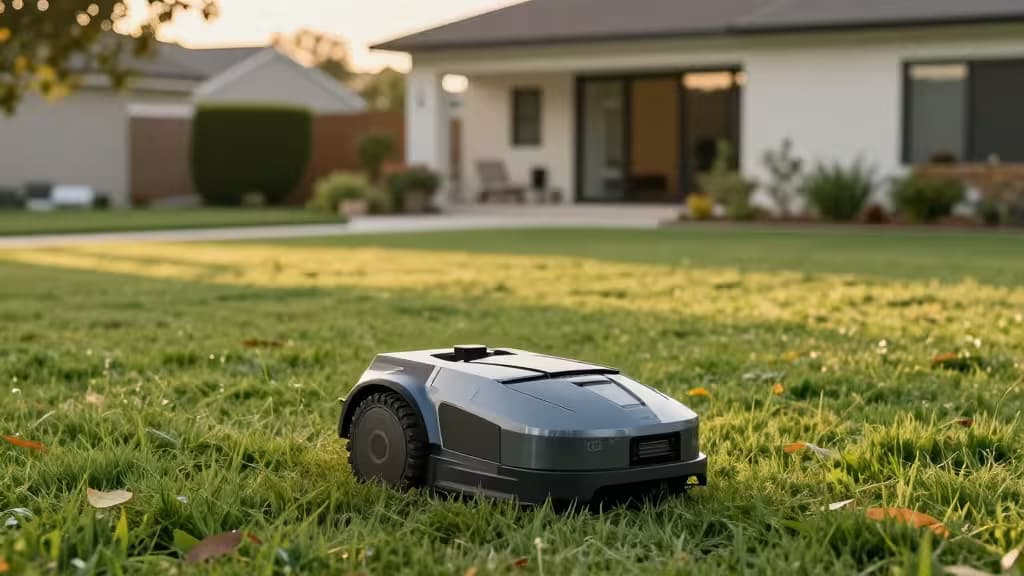 Robot koszący na równo skoszonym podmiejskim trawniku o złotej porze, z nowoczesnym domem w tle