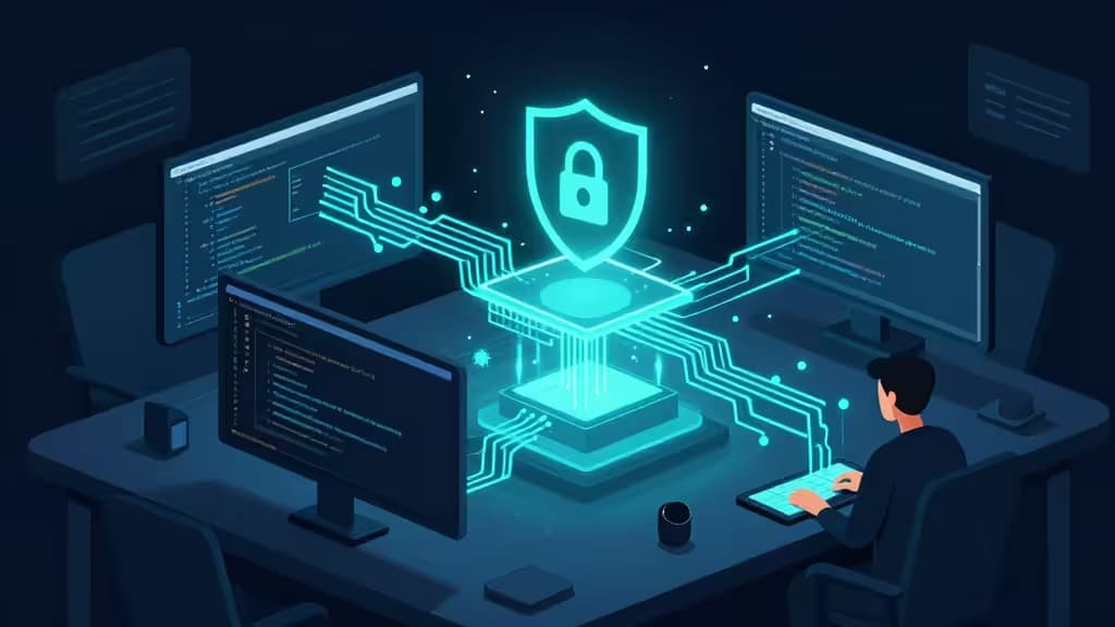 Glowing shield hovers above glowing circuit board, connecting three monitors displaying code, while a developer types at a sleek desk in a dark, high-tech workspace.