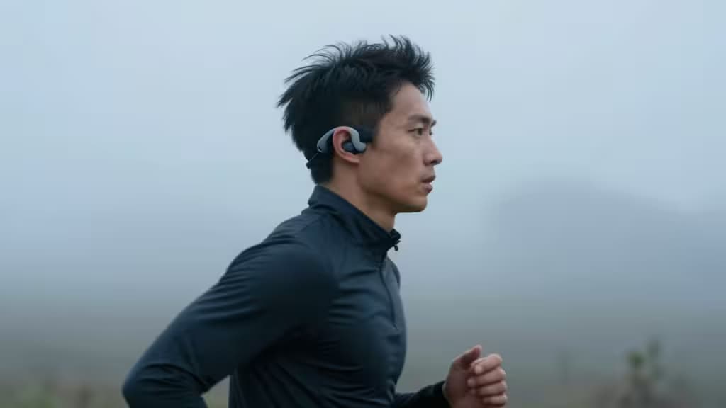 A focused runner in a black jacket wears grey bone conduction headphones while jogging through misty, foggy outdoor terrain.