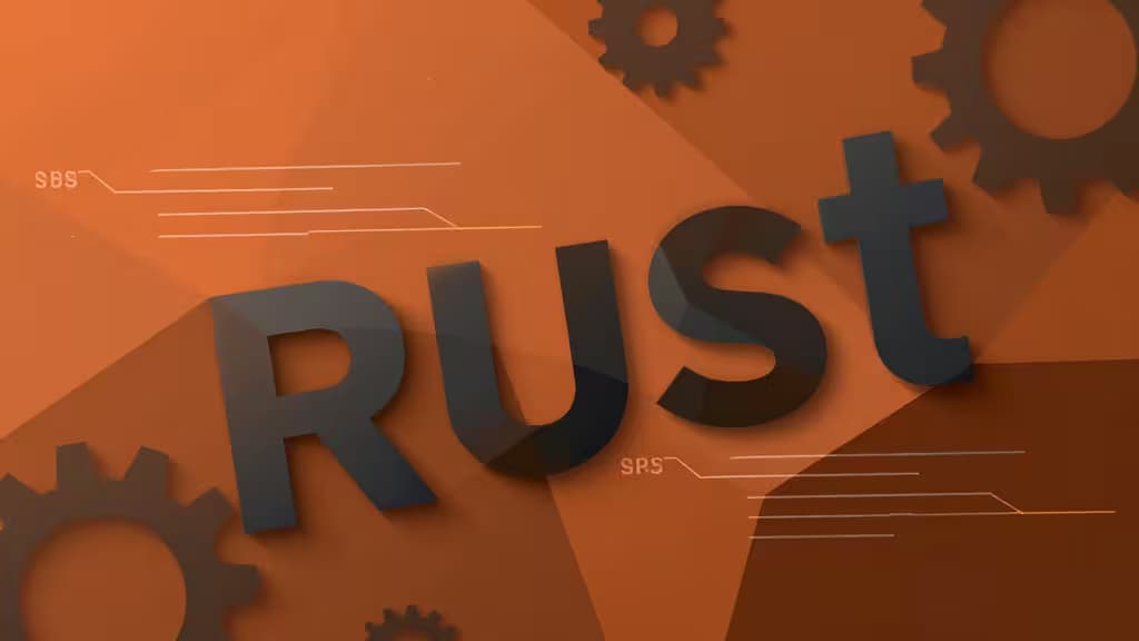 Astratto geometrico in arancione scuro e carbone con motivi di ingranaggi e linee di codice che rappresentano il linguaggio Rust, senza testo.