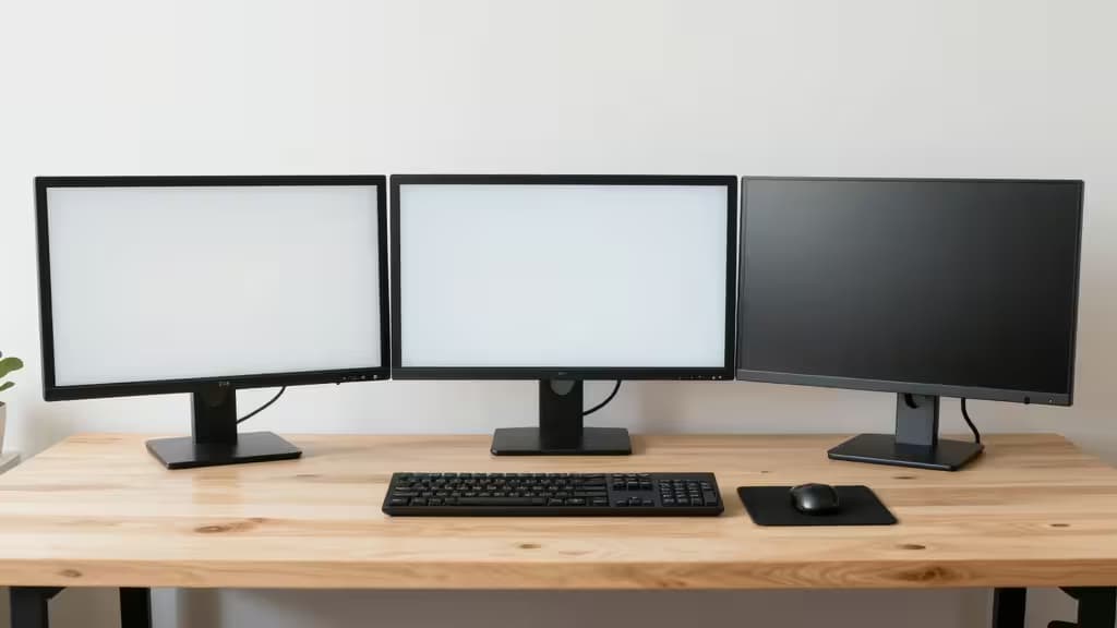 Drie monitors op een houten bureau, klaar voor budgetvriendelijke triple monitorarmen.
