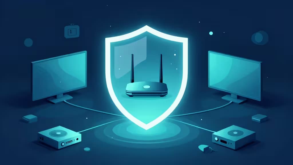 Illustrazione astratta di una casa moderna con uno scudo luminoso emanato da un router centrale, con connessioni di rete verso smart TV, console e dispositivi IoT, palette blu e turchese.
