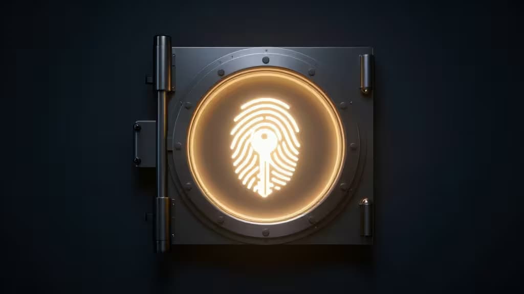 Metallic vault door features glowing fingerprint-key icon, symbolizing biometric passkey authentication for digital security.